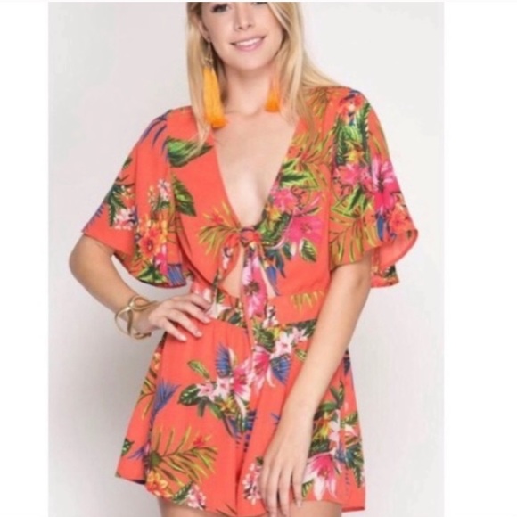 She + Sky Coral Tropical Front Tie Romper - Medium - Picture 11 of 11